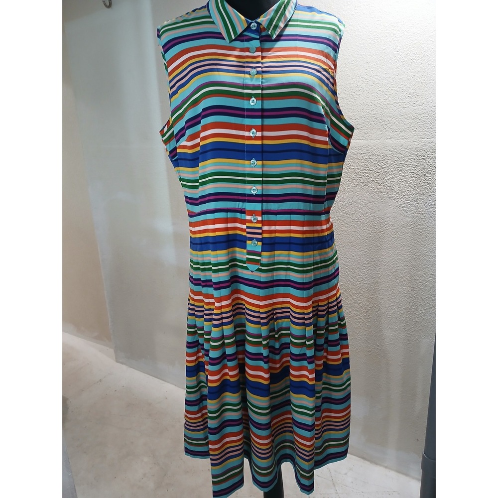 Calvin Klein Womens Multi Color Rainbow Stripe Pleated Sleeveless Shirt Dress